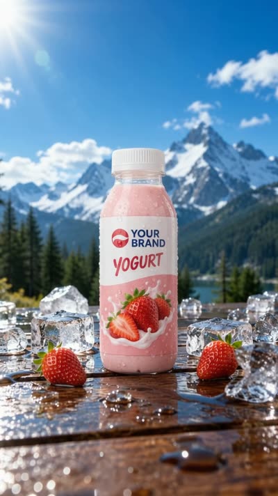 A product bottle surrounded by ice and fruit in a cinematic commercial