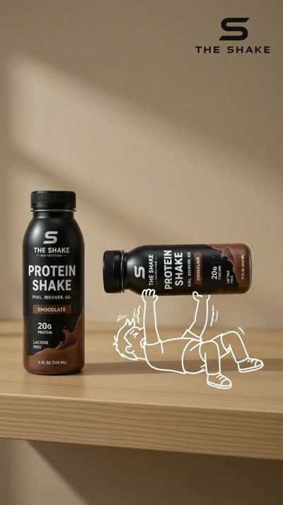 A drawn character lifting a real protein shake bottle