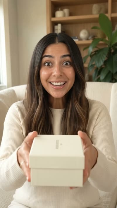 AI creator unboxing a skincare product in a sunlit living room