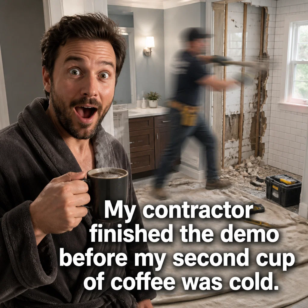 Bathroom Remodeling meme ad example: The Coffee vs. Contractor Speed
