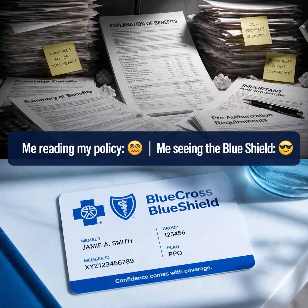 Blue Cross Blue Shield meme ad example: Confused vs. Covered