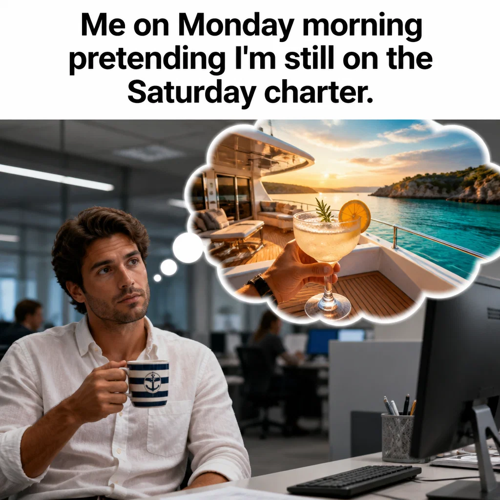 Boat Charter meme ad example: The Monday Blues Cure