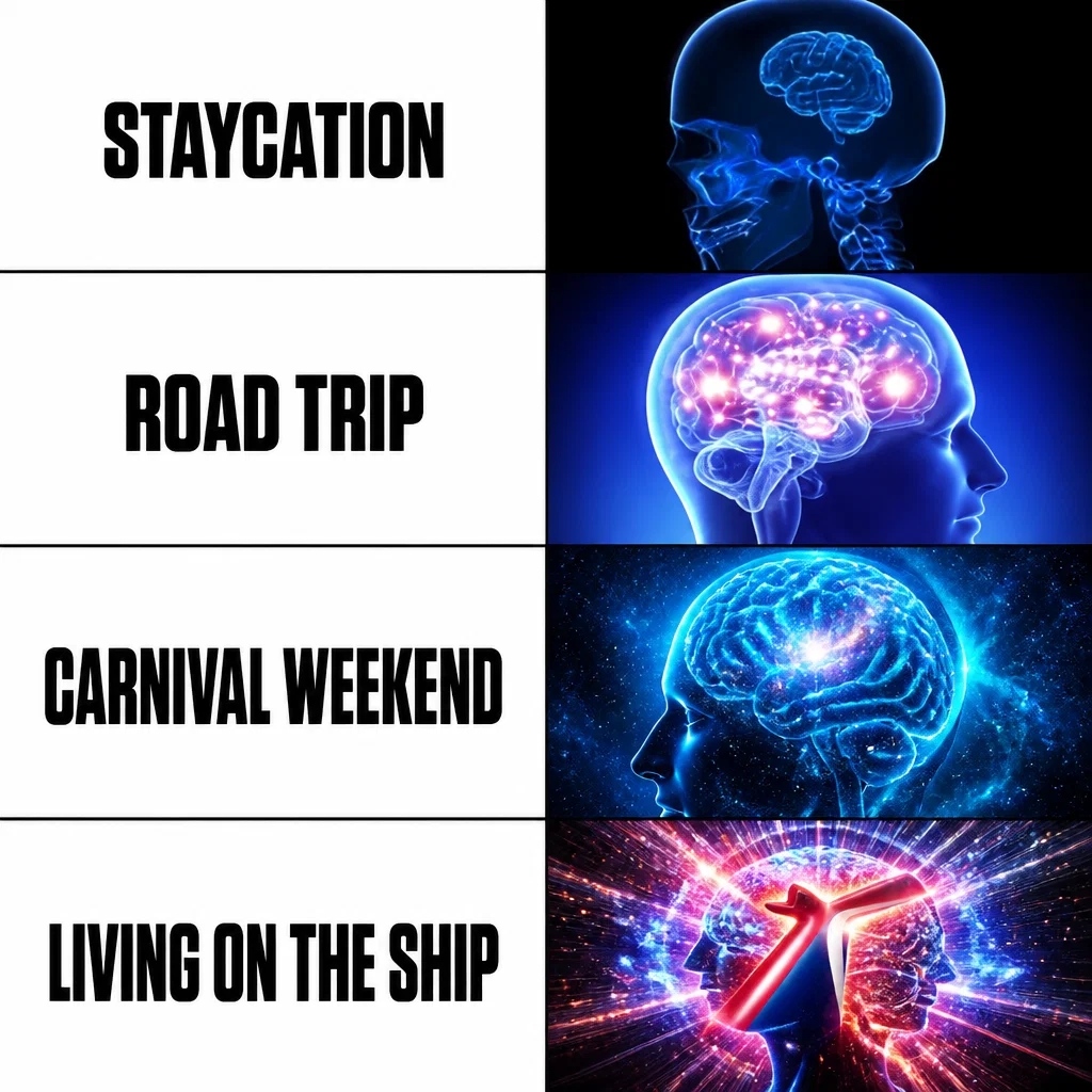 Carnival Cruise Line meme ad example: Galaxy Brain Cruise Edition