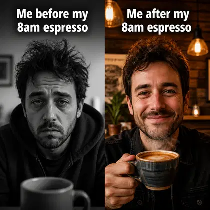 Coffee Shop meme ad example: The Monday Transformation