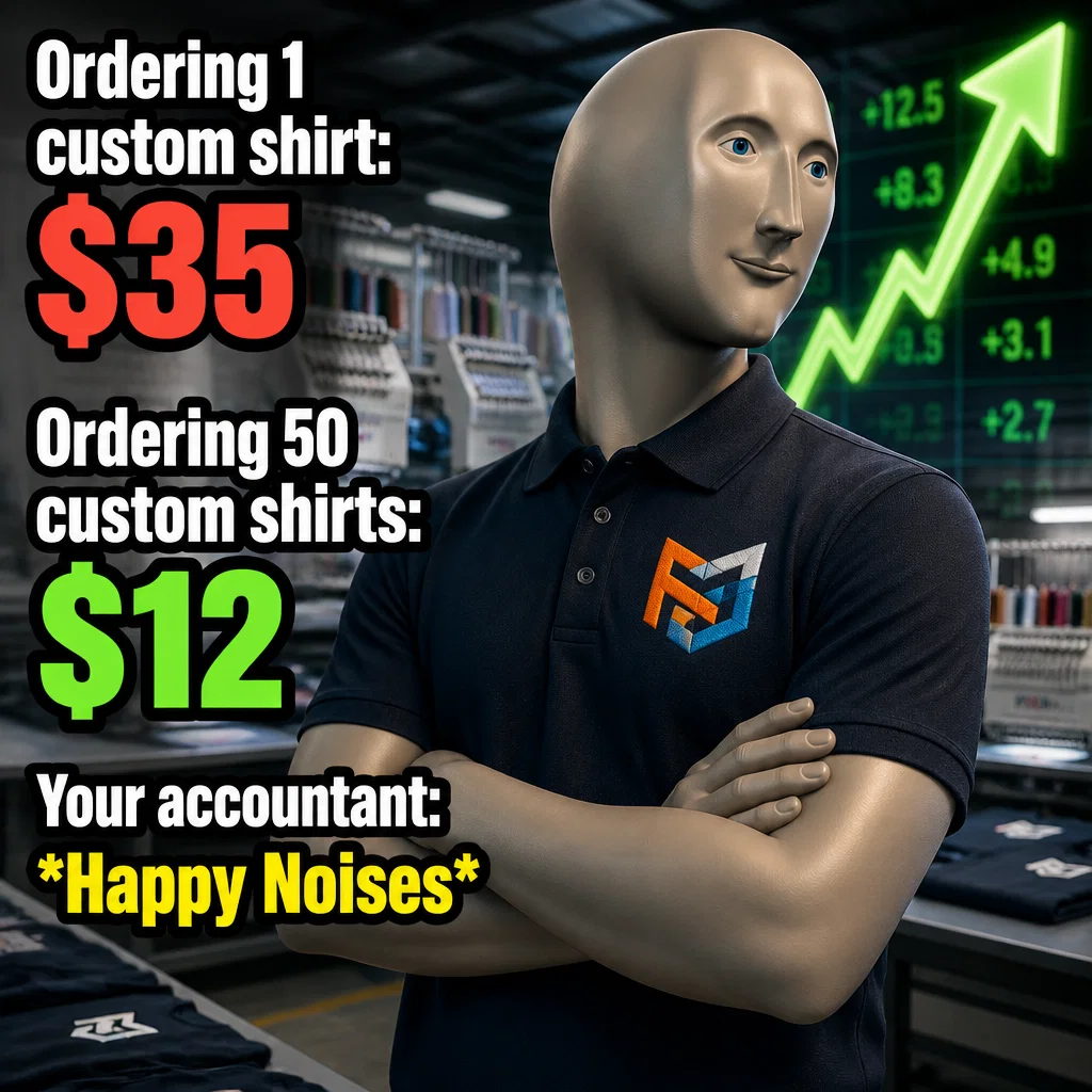Custom Apparel meme ad example: Unit Price Logic