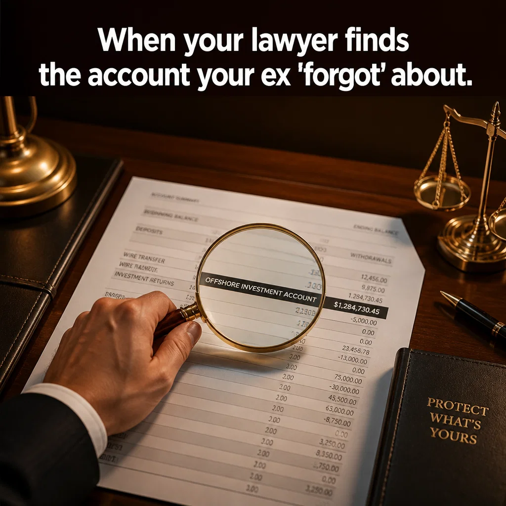 Divorce Lawyer meme ad example: Hidden Asset Discovery