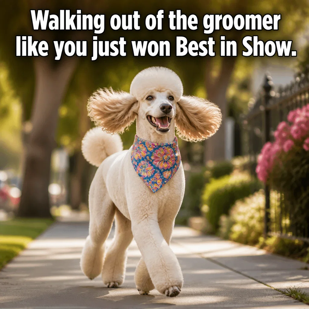 Dog Grooming meme ad example: The Post-Groom Strut