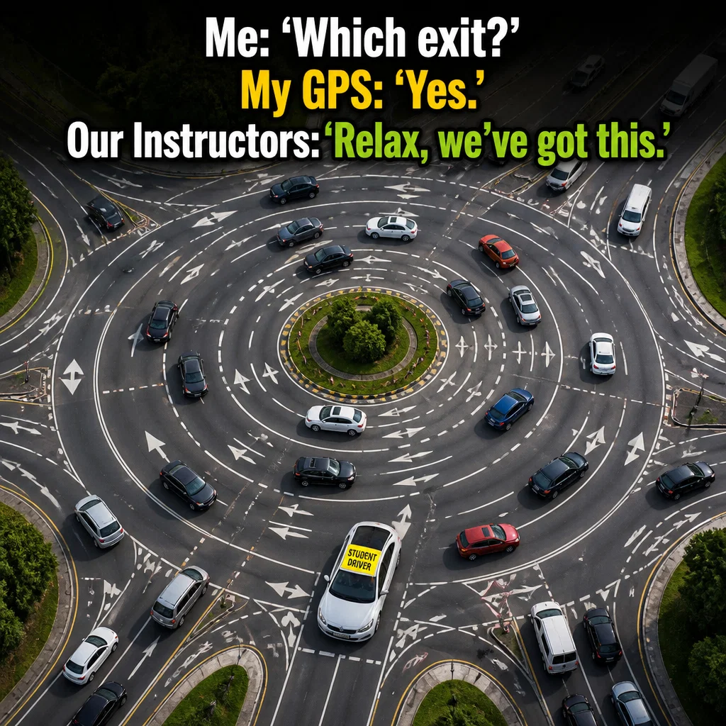 Driving School meme ad example: The Roundabout Panic