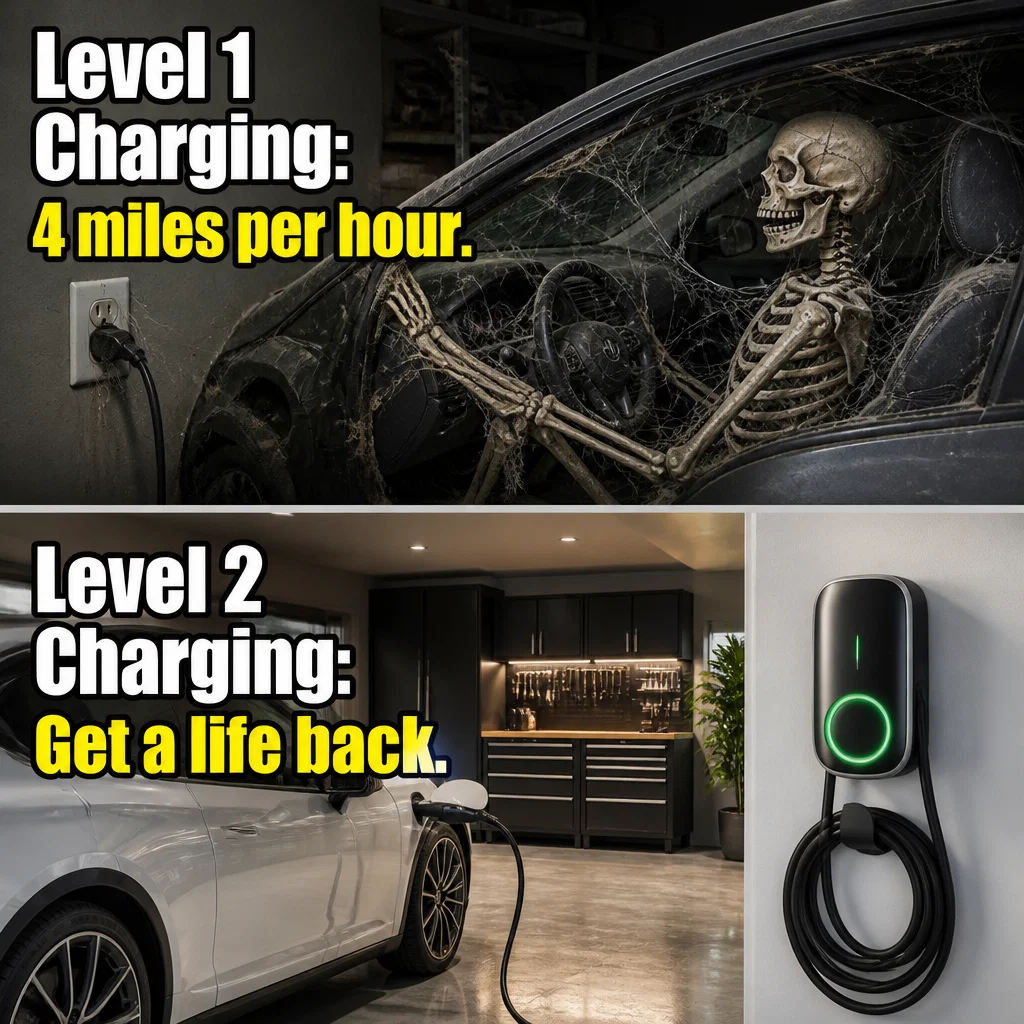 EV Charger Installation meme ad example: The Level 1 vs Level 2 Speed