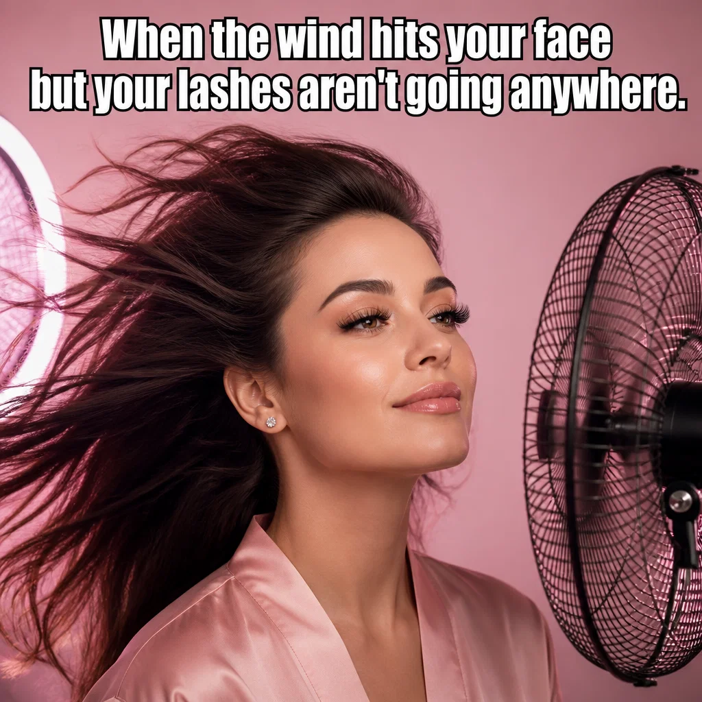 Eyelash Extensions meme ad example: Windproof Beauty