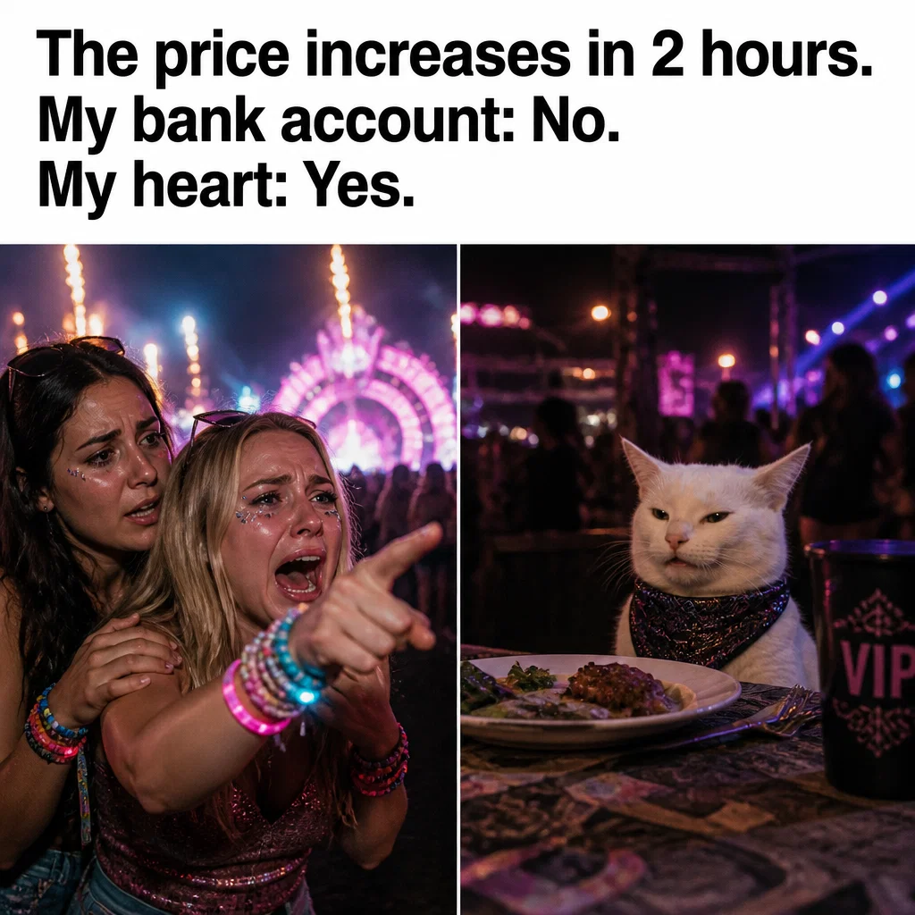 Festival meme ad example: Price Tier Panic