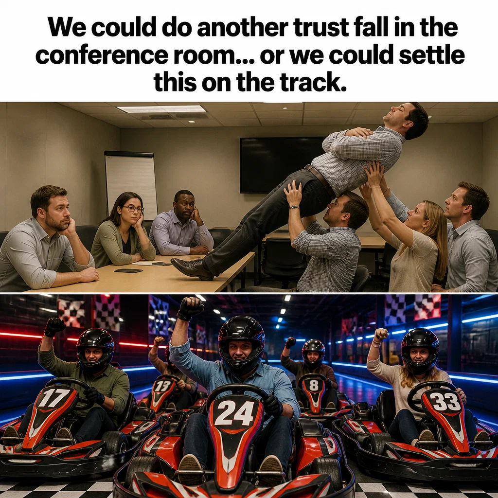 Go Kart Track meme ad example: The Trust Fall Upgrade