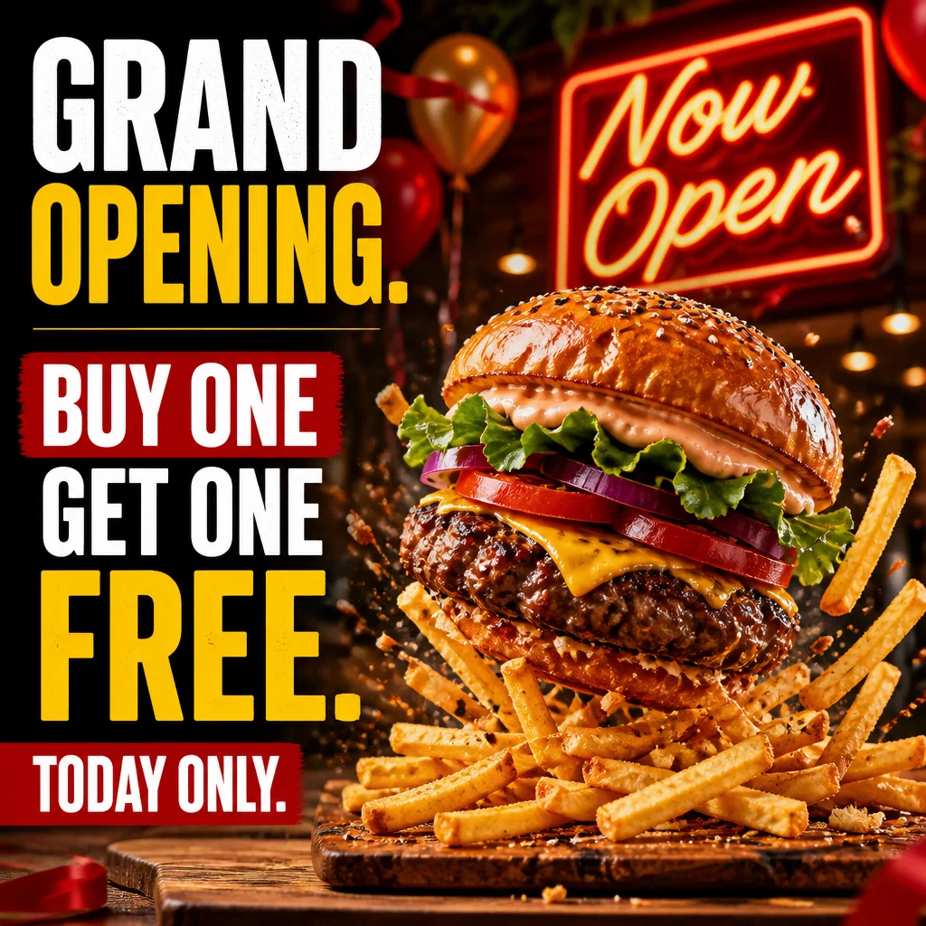 Grand Opening ad concept example: The Burger Stack