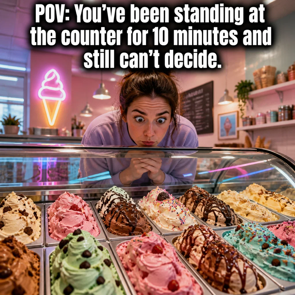 Ice Cream Shop meme ad example: Flavor Choice Paralysis