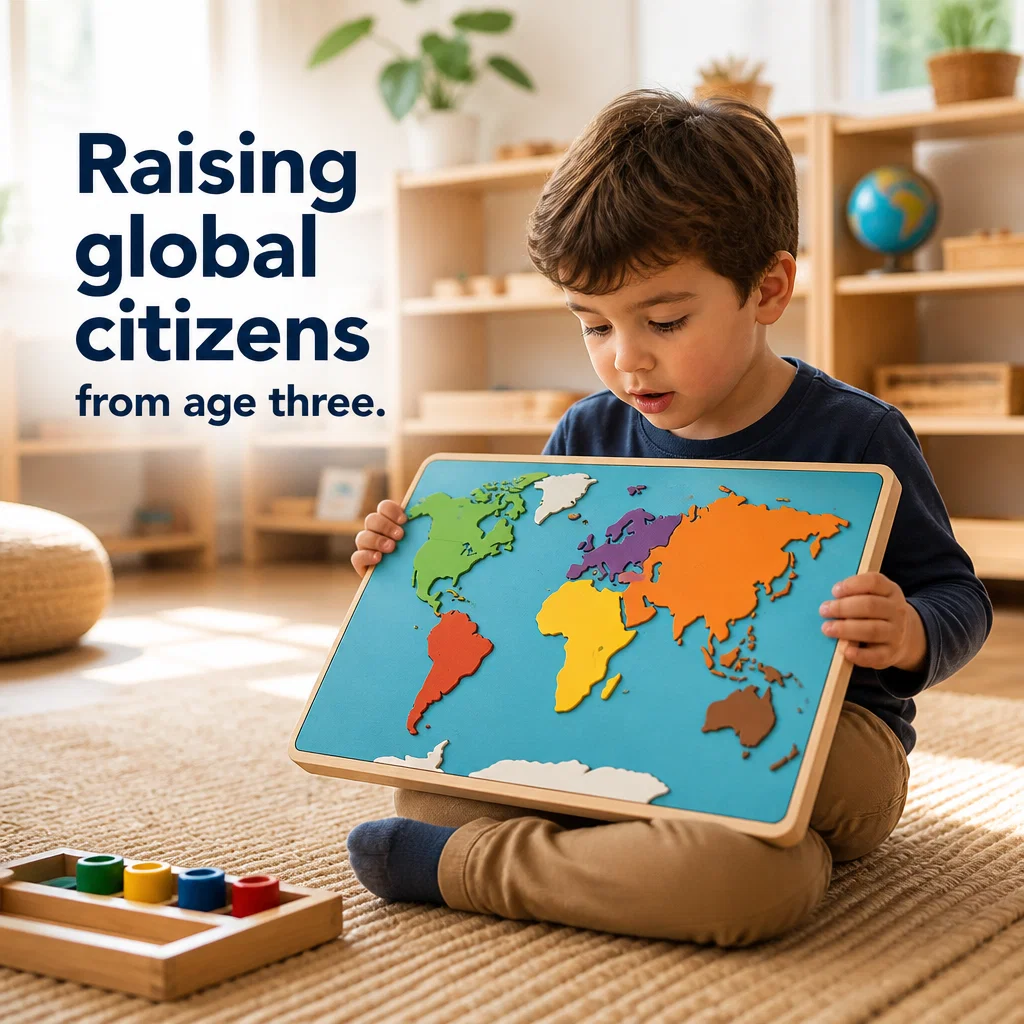 Montessori School ad concept example: The World in Their Hands