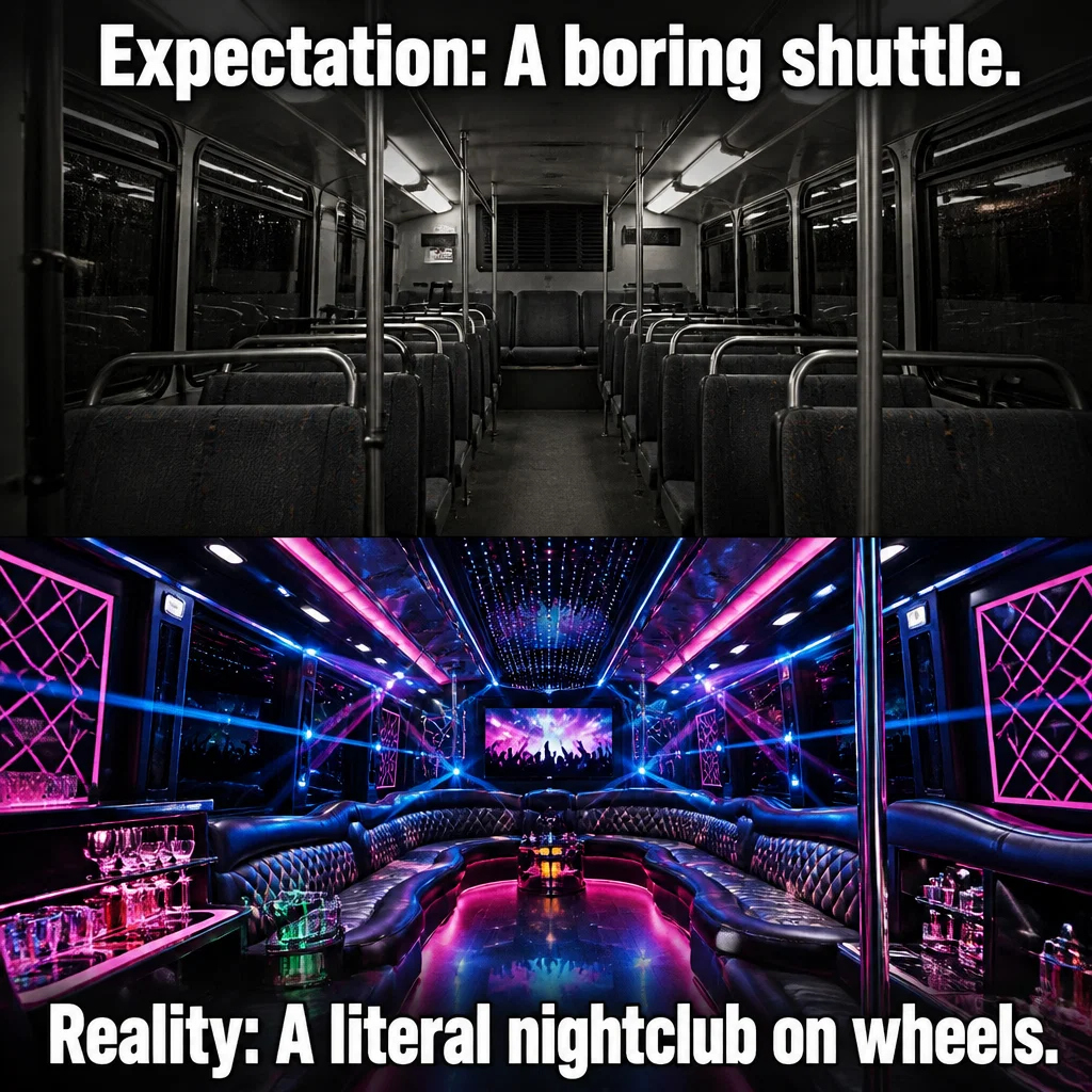 Party Bus meme ad example: Expectation vs Reality: Party Bus Edition