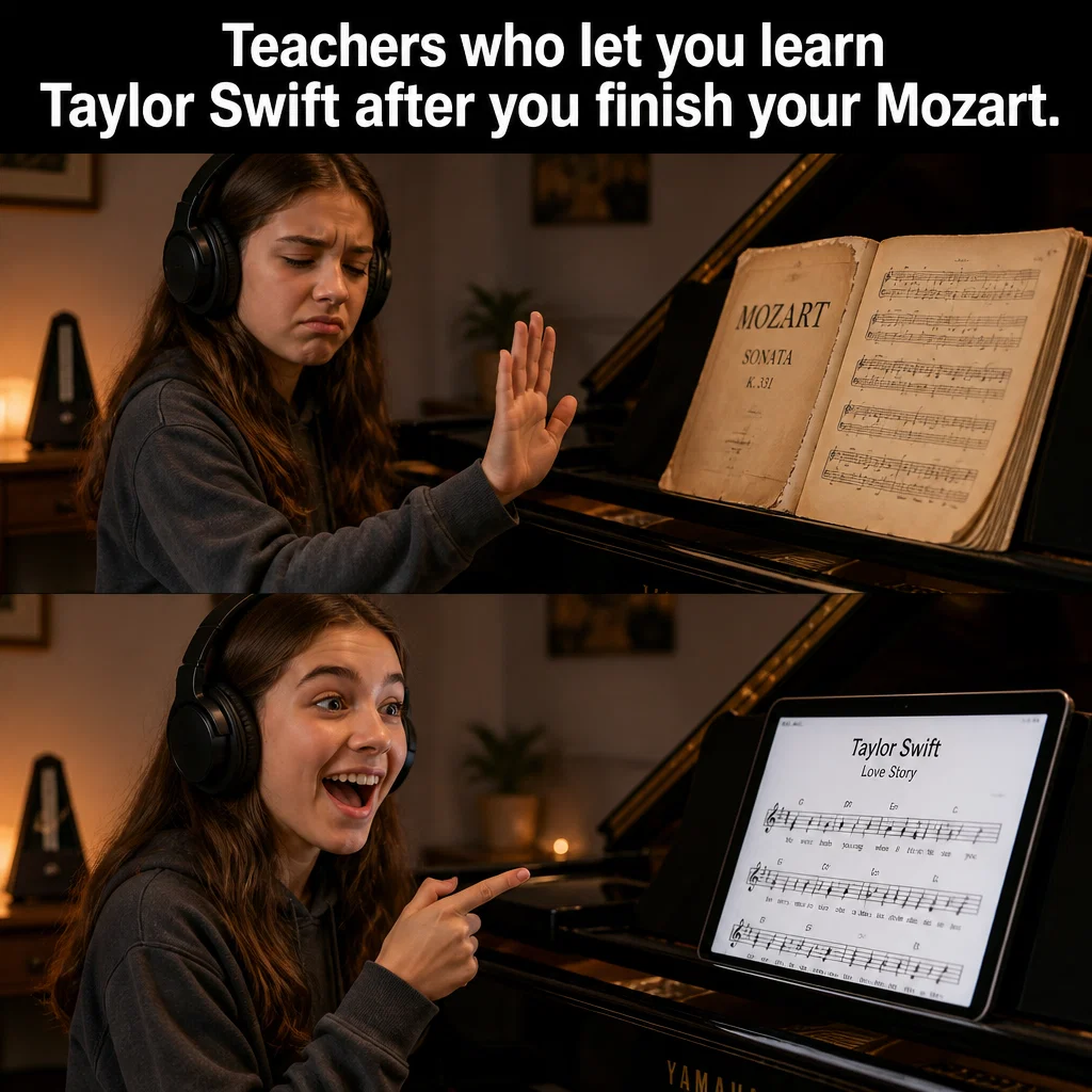 Piano Lessons meme ad example: Classical vs. Pop