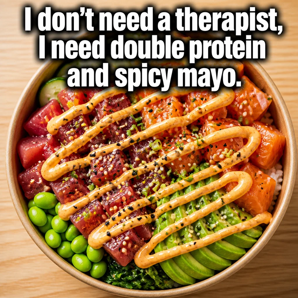 Poke Bowl meme ad example: Protein Gains