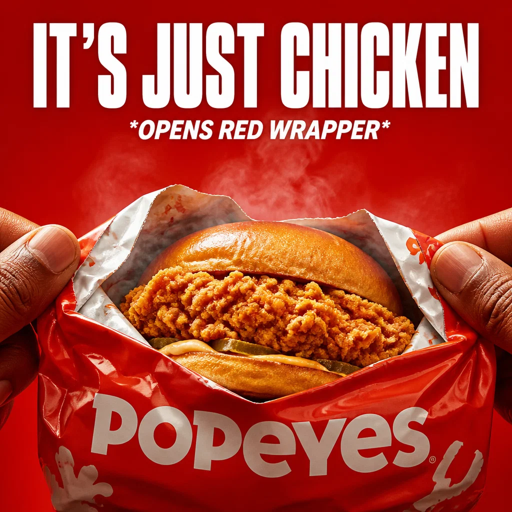 Popeyes meme ad example: Wrapper Reveal