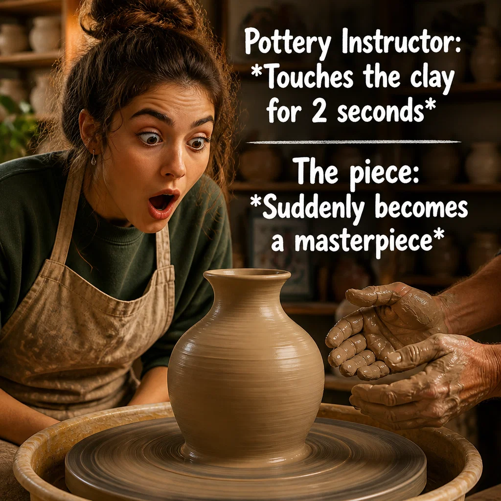 Pottery Studio meme ad example: Instructor Magic