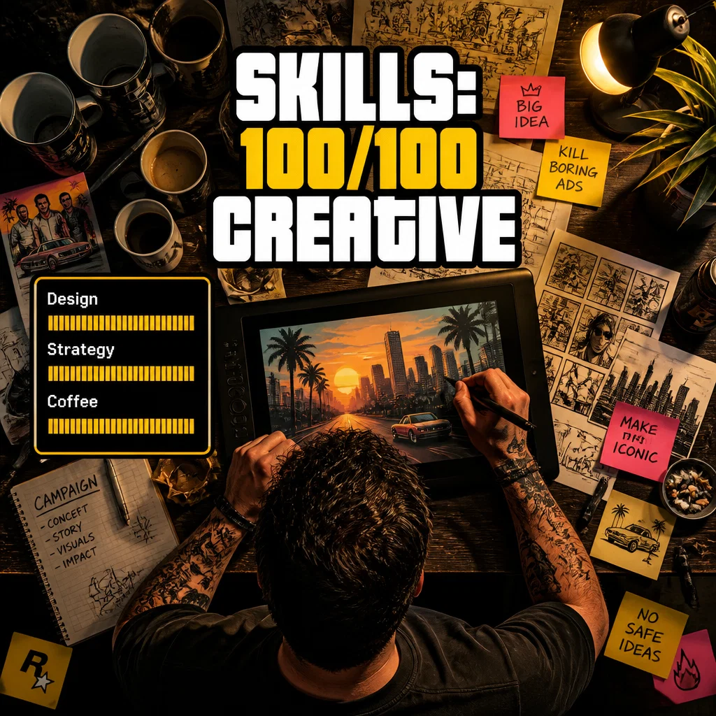 Rockstar Games meme ad example: Character Stats