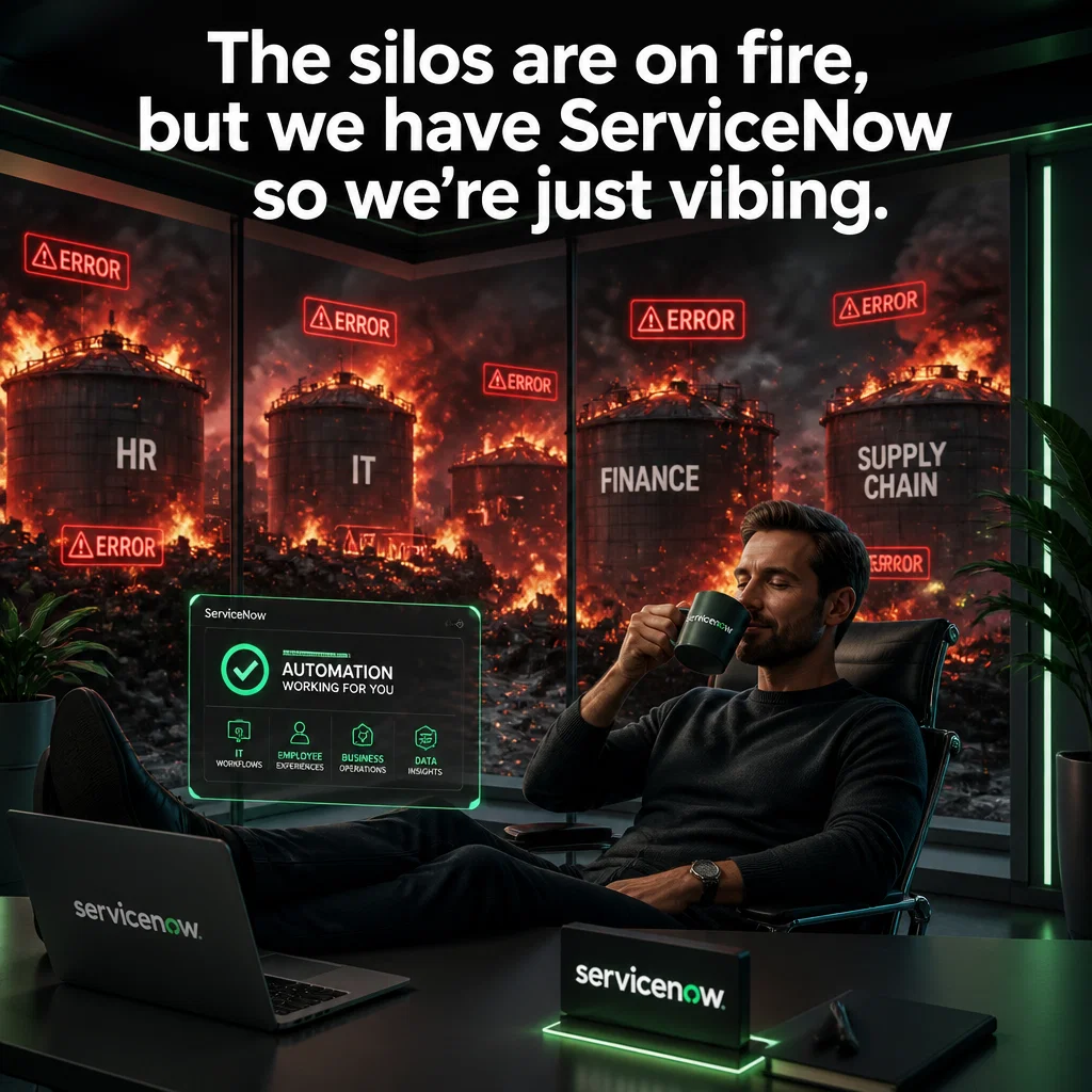 ServiceNow meme ad example: The 'This is Fine' Enterprise Edition