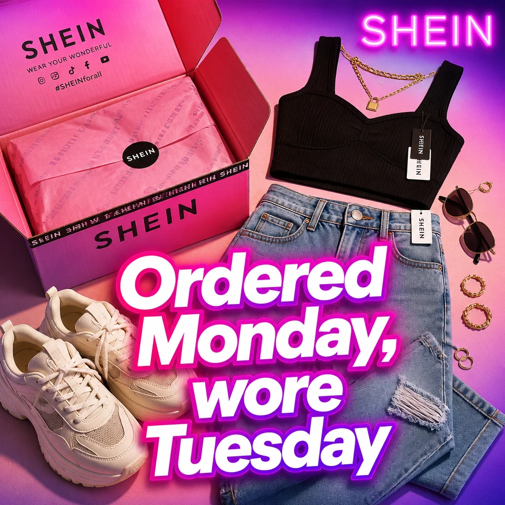 Shein meme ad example: Next Day Delivery Flex