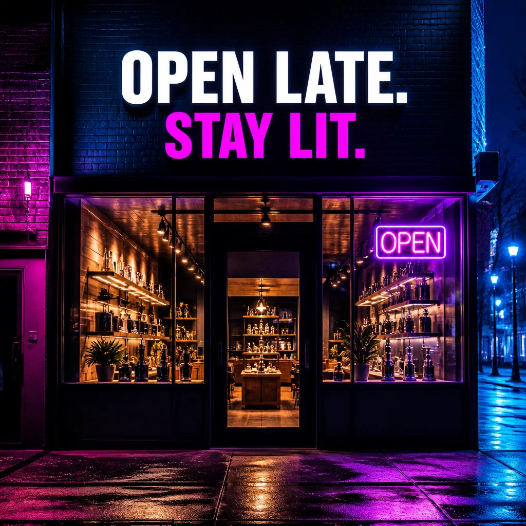 Smoke Shop ad concept example: Nighttime Storefront