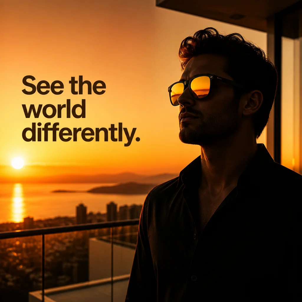 Sunglasses Brand ad concept example: Golden Hour Reflection