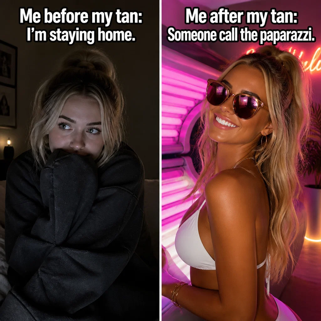 Tanning Salon meme ad example: The Glow-Up Transformation