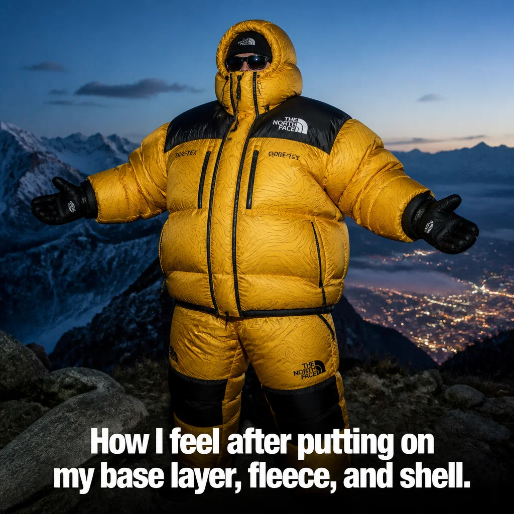 The North Face meme ad example: The Layering Struggle