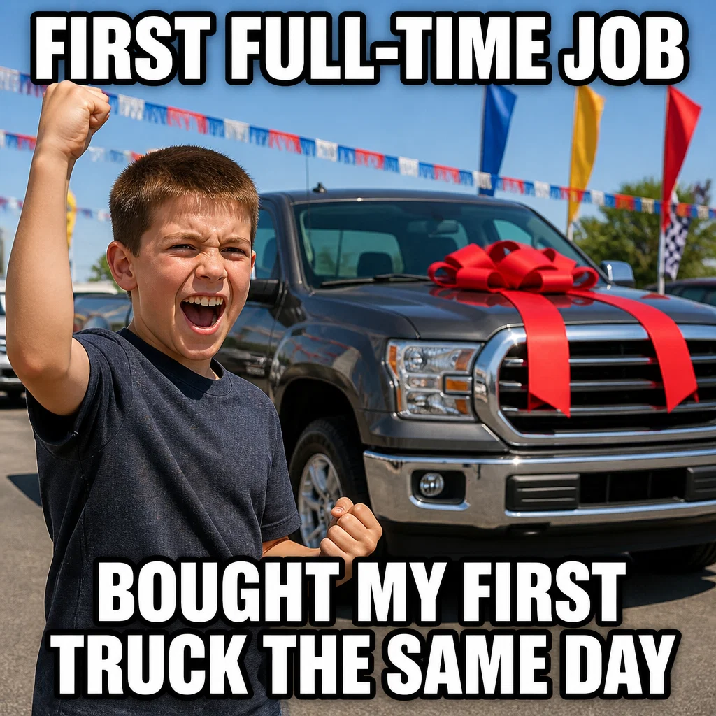 Used Car Dealership meme ad example: First Car Success