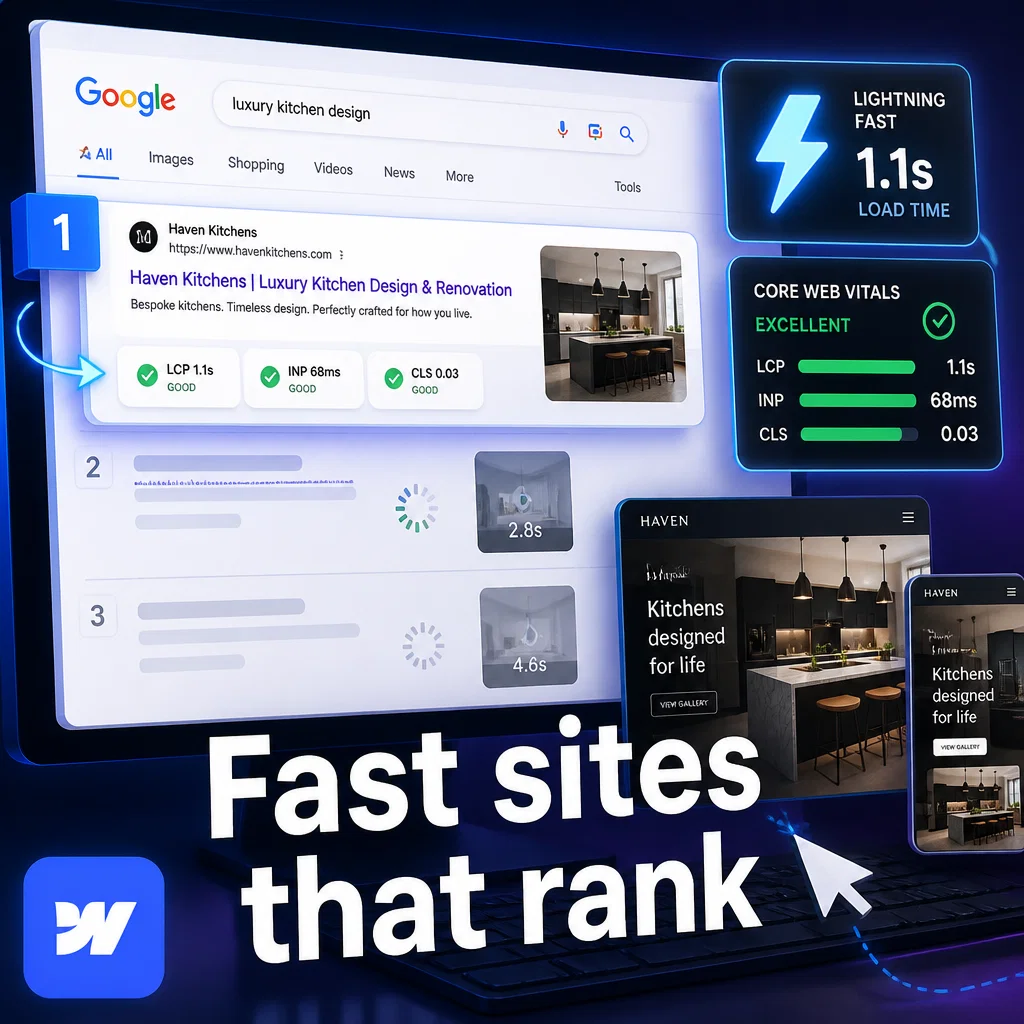 Webflow ad concept example: SEO Built In
