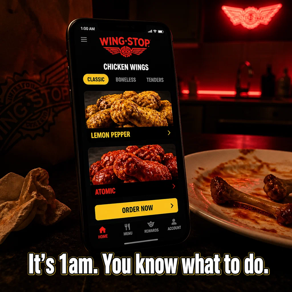 Wingstop meme ad example: Late Night Wing Text